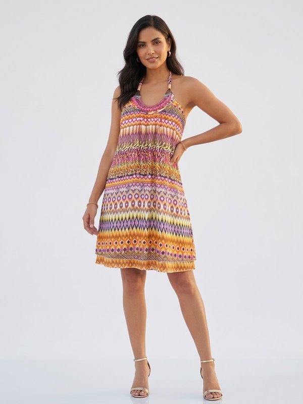 Vestido Halter Corto con Estampado Étnico Multicolor