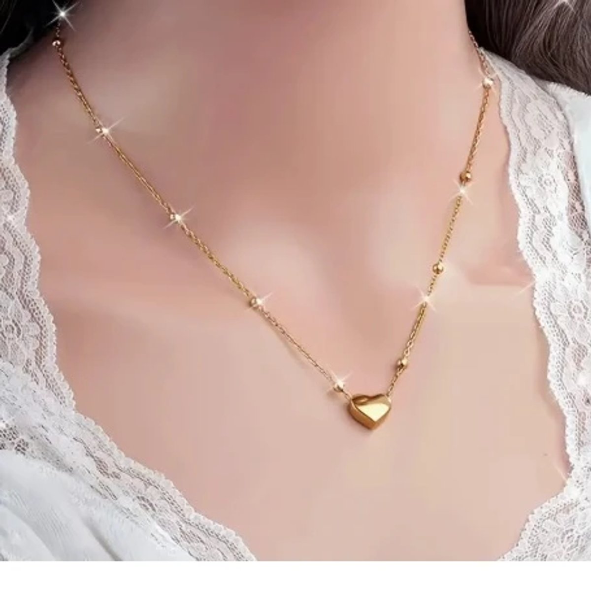 Cadena corazón con perlitas de acero inoxidable chapado en oro 18K - 3