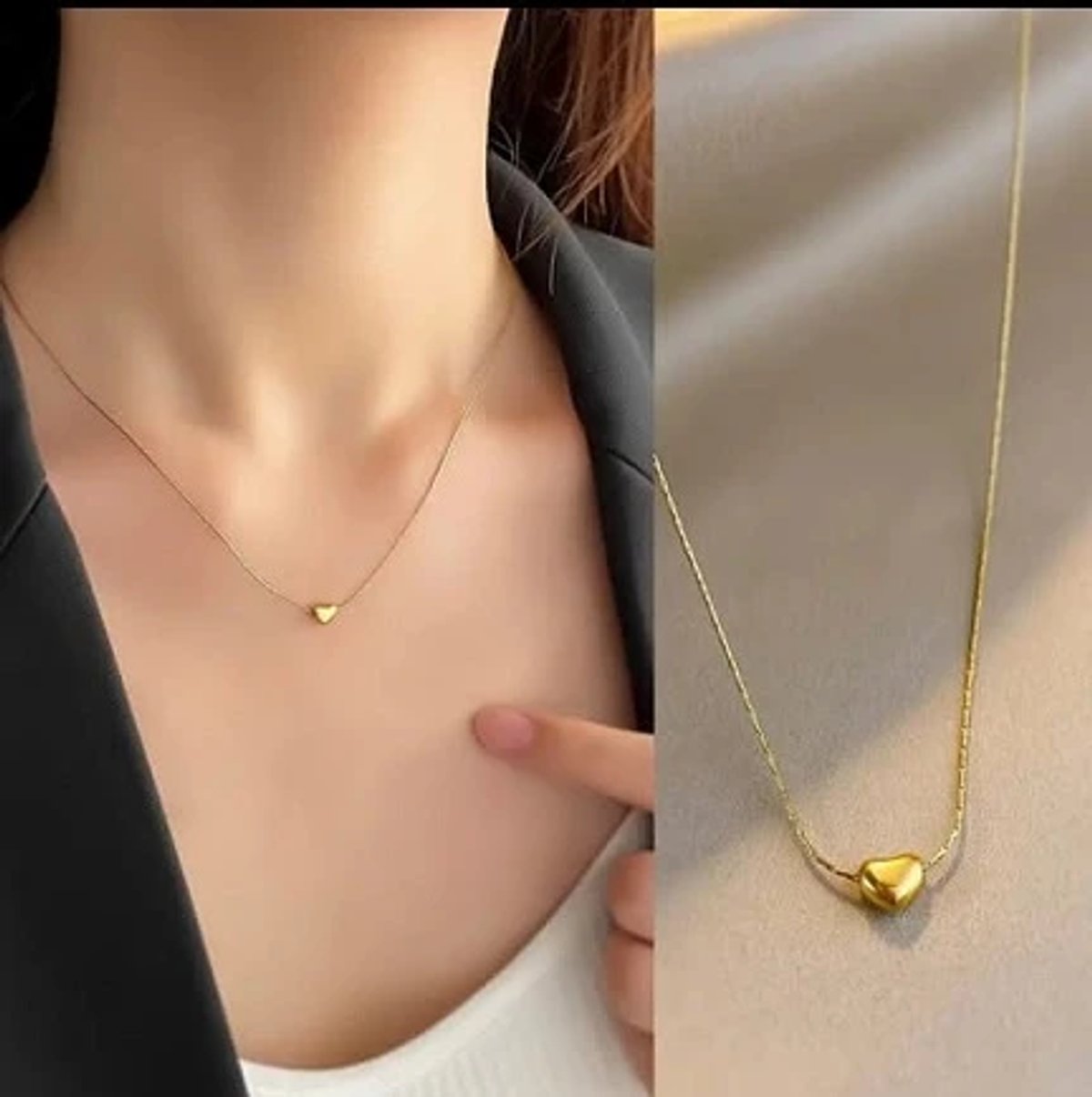 Cadena de corazón minimalista de acero inoxidable chapado en oro 18K - 3