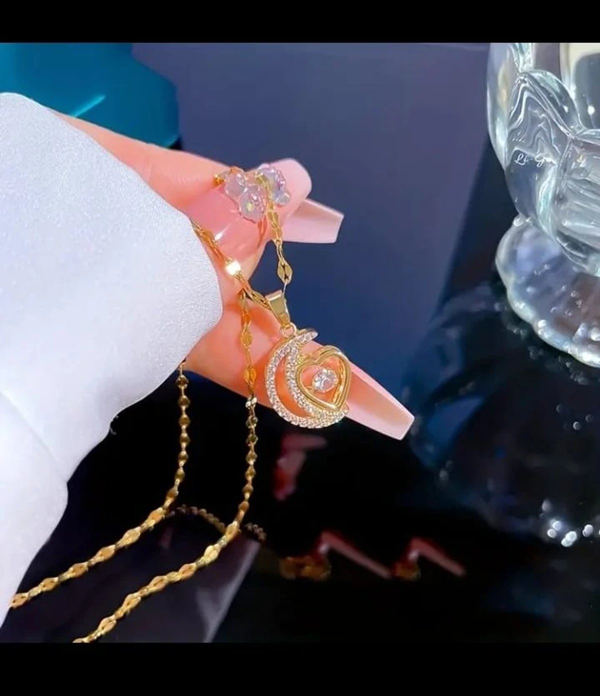 Cadena corazón y luna strass de acero inoxidable chapada en oro 18K - 3