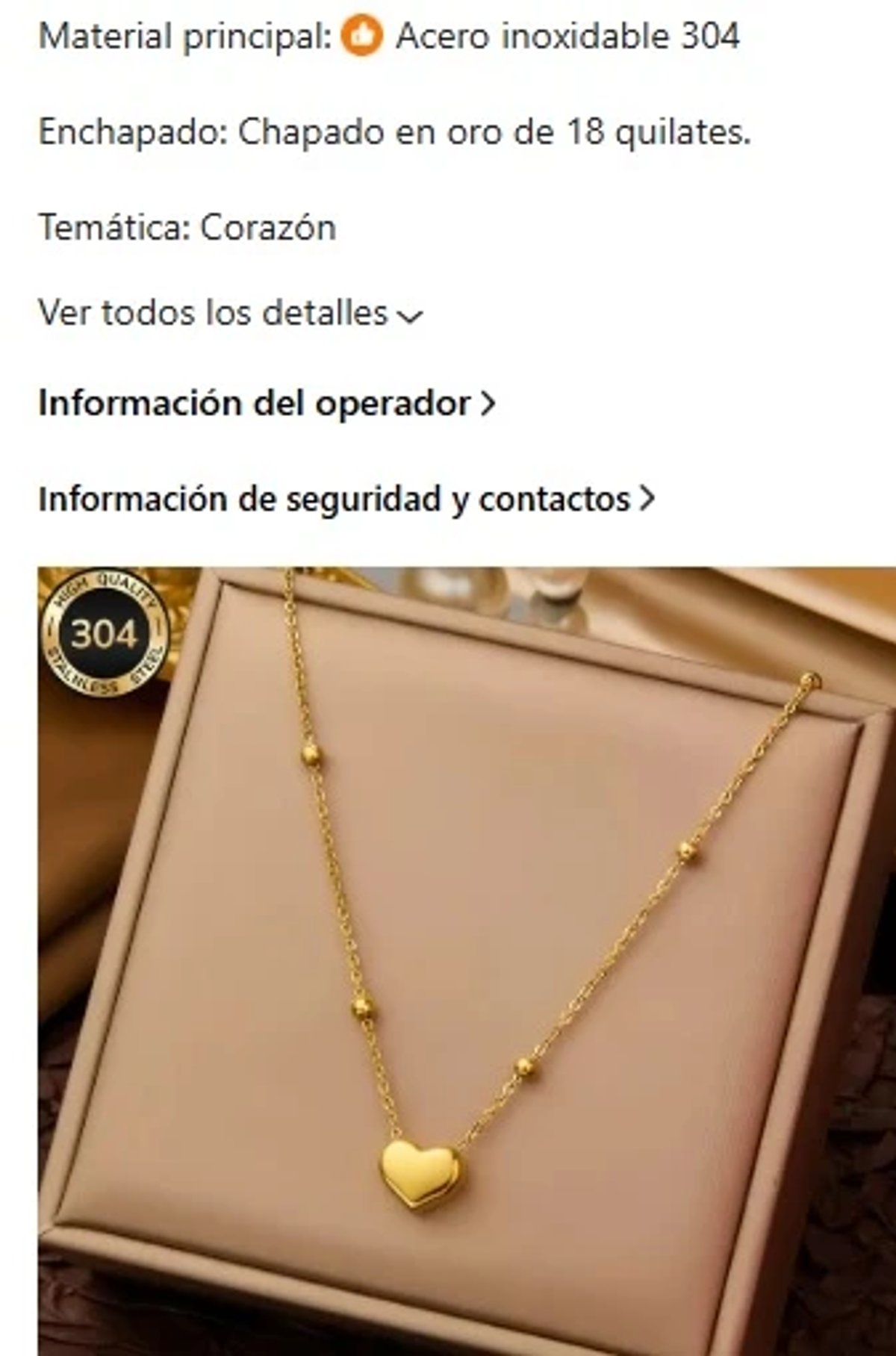 Cadena corazón con perlitas de acero inoxidable chapado en oro 18K - 4