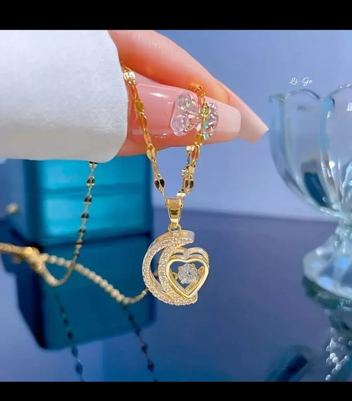 Cadena corazón y luna strass de acero inoxidable chapada en oro 18K - 4