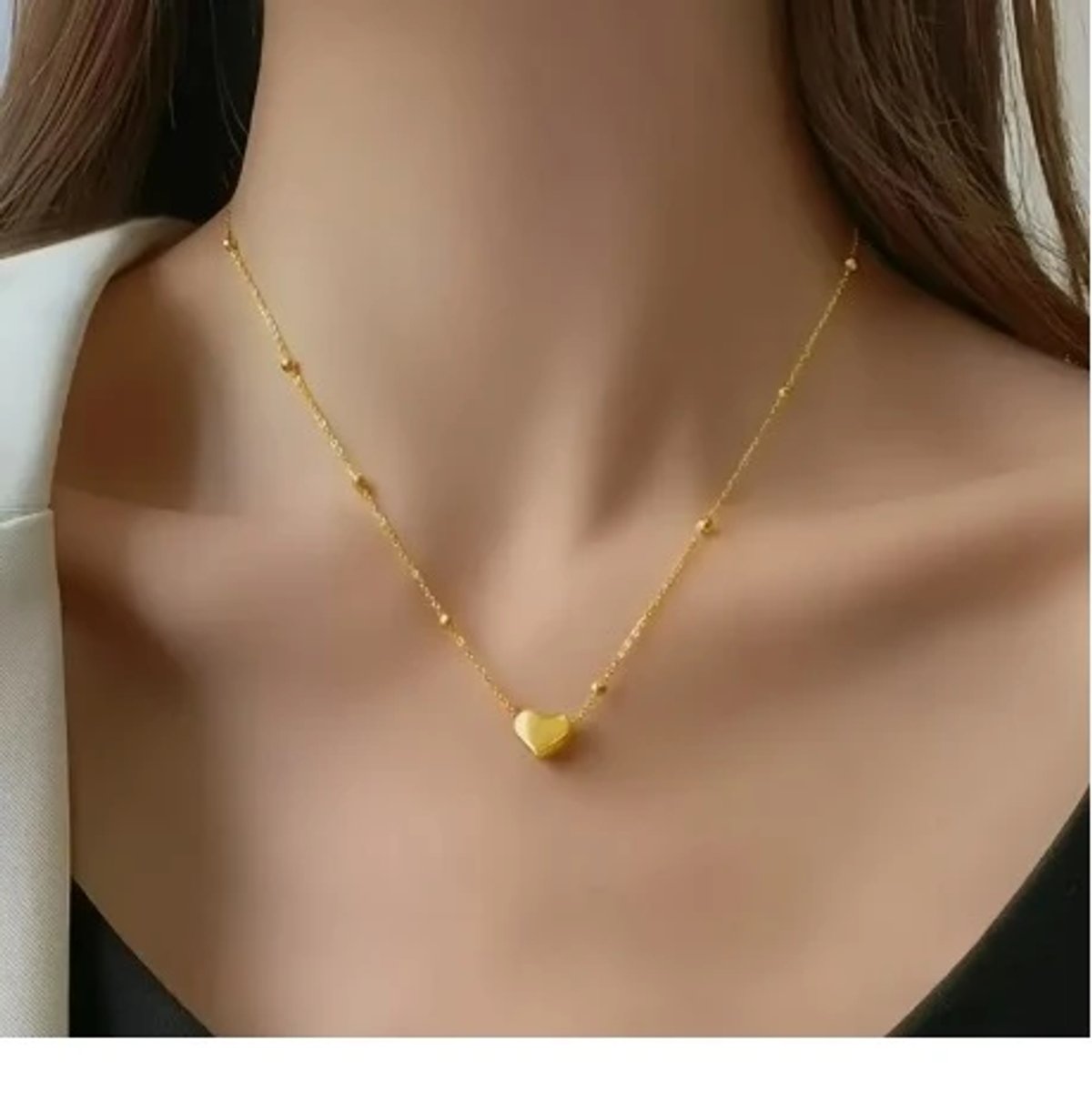 Cadena corazón con perlitas de acero inoxidable chapado en oro 18K - 2