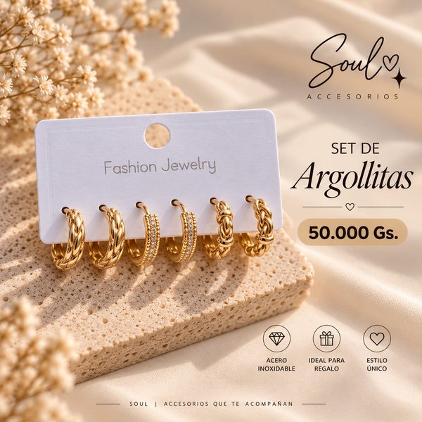 Set de 3 pares de argollas doradas