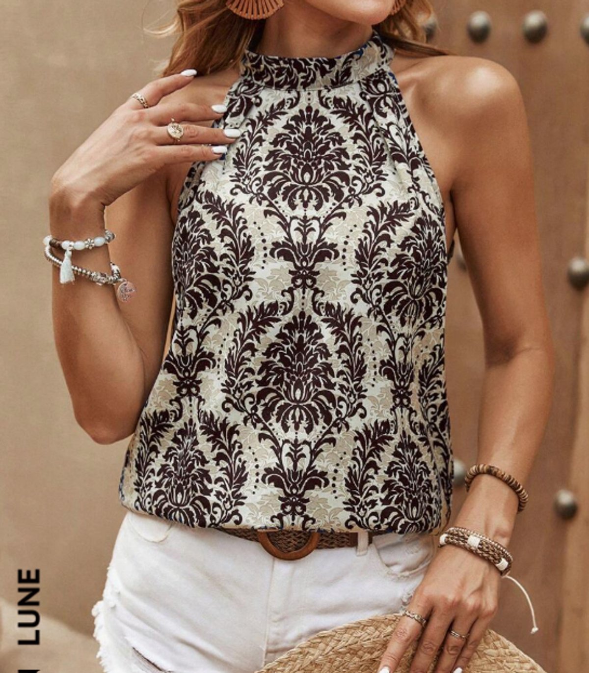 Blusa con estampado de damasco con cordón trasero halter - 2