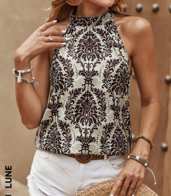 Blusa con estampado de damasco con cordón trasero halter