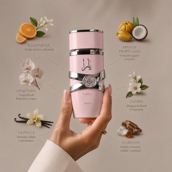 Yara Pink de Lattafa (100 ml)es un Eau de Parfum ámbar vainilla para mujeres, reconocido por su aroma dulce, cremoso y tropical