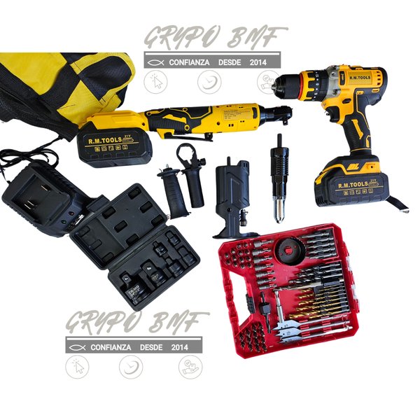 KIT DE TALADRO ATORNILLADOR CON  PERCUTOR MANDRIL 13MM +CRIQUET 3/8" A BATERIA 21V BRUSHLESS