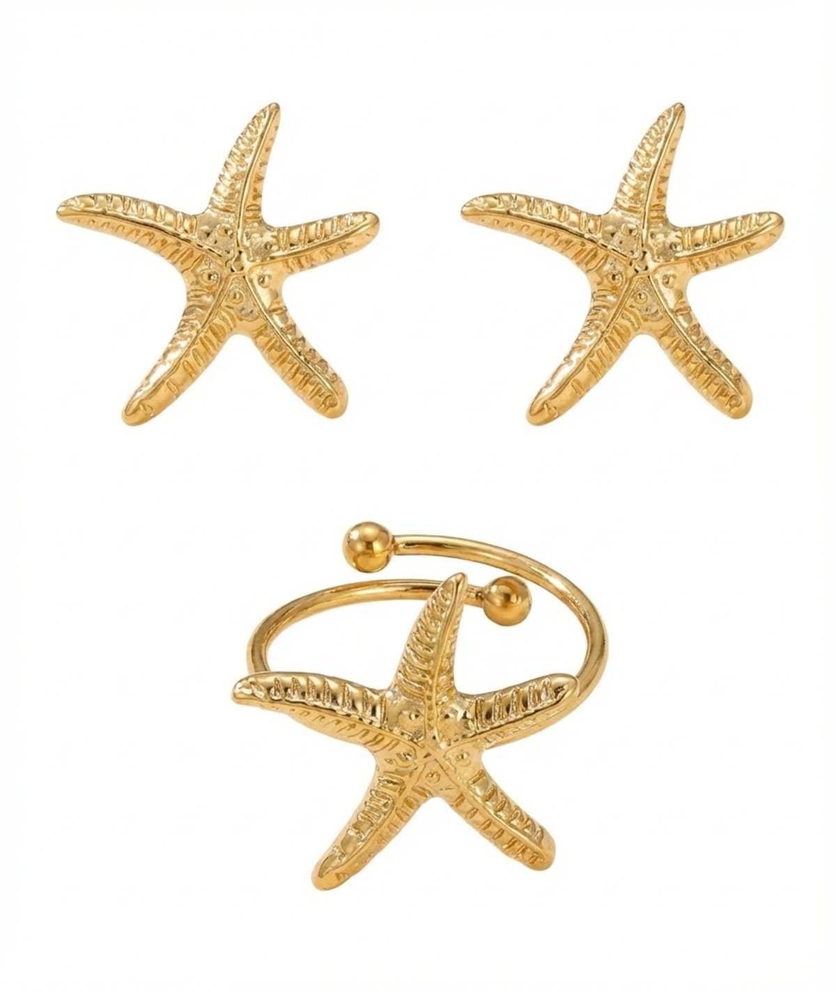 Conjunto de aretes y anillo con forma de estrella