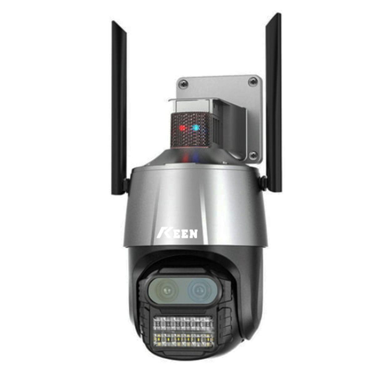 Cámara de Seguridad Inteligente Keen P10 Dual con zoom 8X, calidad HD y 4K, conectividad Wi-Fi, doble antena para mayor alcance, micrófono integrado, alarma de seguridad, detección humana avanzada y visión nocturna. Compatible con la app ICSee. Color gris.