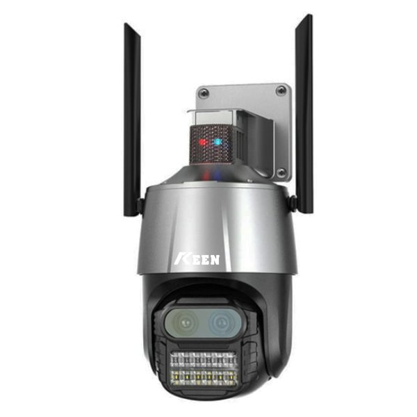 Cámara de Seguridad Inteligente Keen P10 Dual con zoom 8X, calidad HD y 4K, conectividad Wi-Fi, doble antena para mayor alcance, micrófono integrado, alarma de seguridad, detección humana avanzada y visión nocturna. Compatible con la app ICSee. Color gris.
