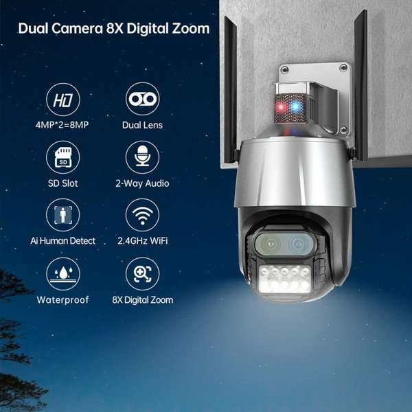 Cámara de Seguridad Inteligente Keen P10 Dual con zoom 8X, calidad HD y 4K, conectividad Wi-Fi, doble antena para mayor alcance, micrófono integrado, alarma de seguridad, detección humana avanzada y visión nocturna. Compatible con la app ICSee. Color gris.