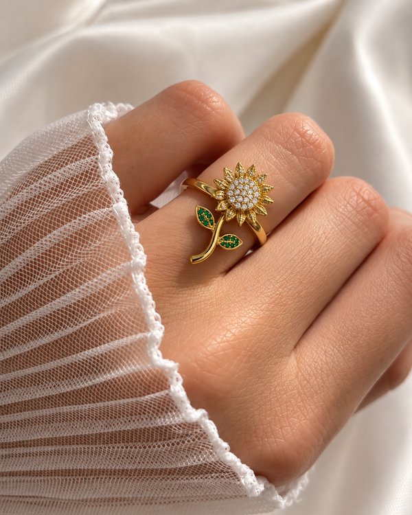 Anillo girasol giratorio esmeralda 