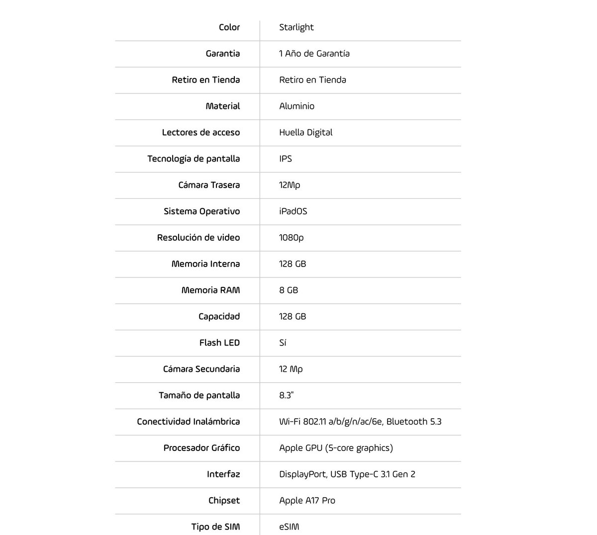 iPad Mini 7 8.3" Wifi 5G 128GB MXN83LL/A - Starlight - 6