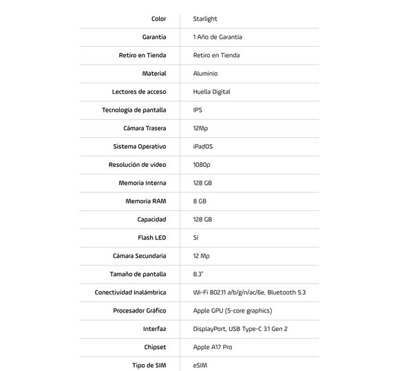 iPad Mini 7 8.3" Wifi 5G 128GB MXN83LL/A - Starlight