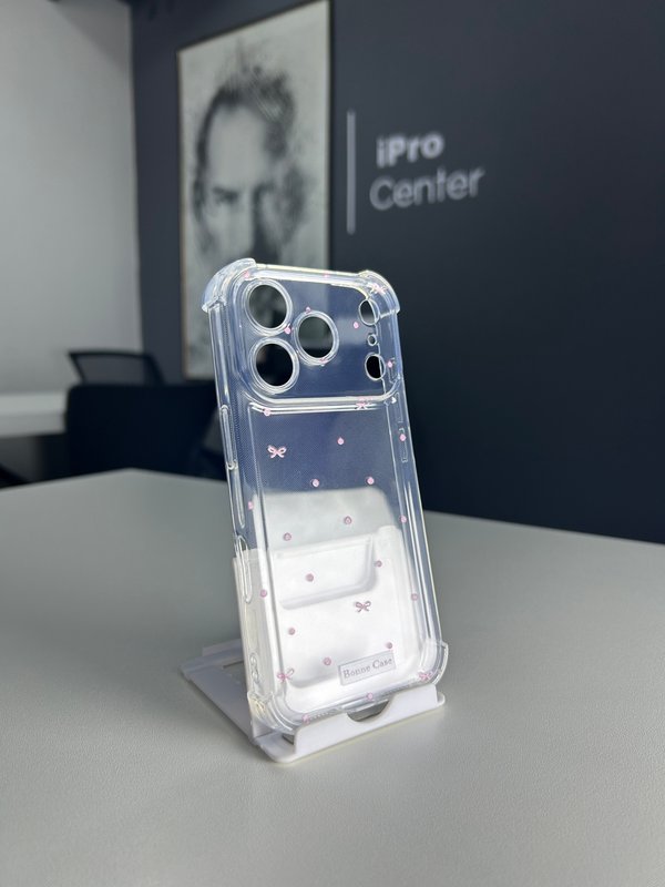 Case transparente con motitas Rosado y moñitos - 17 Pro 