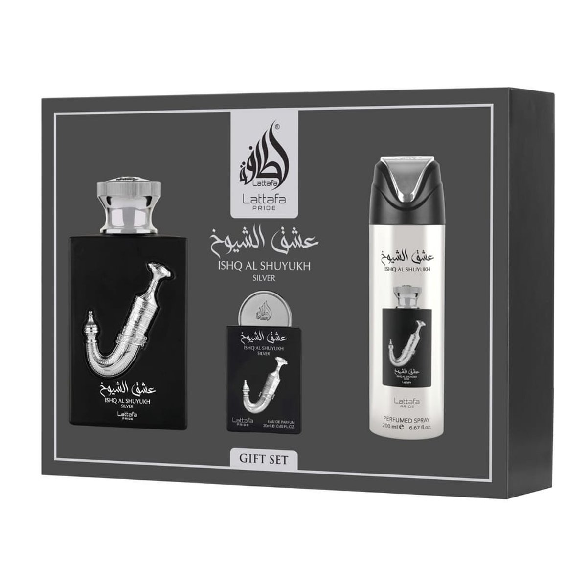 KIT LATTAFA PRIDE ISHQ AL SHUYUKH SILVER 3 PZS