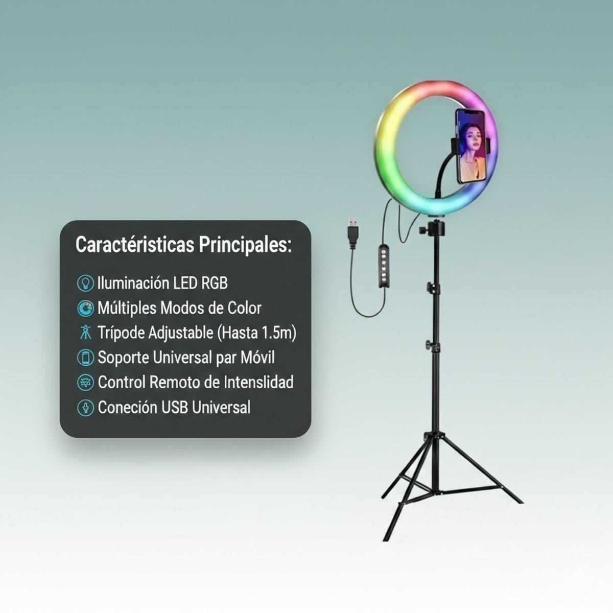 Tripode 2.1m con Aro de Luz RGB 10" USB para Streaming - 4