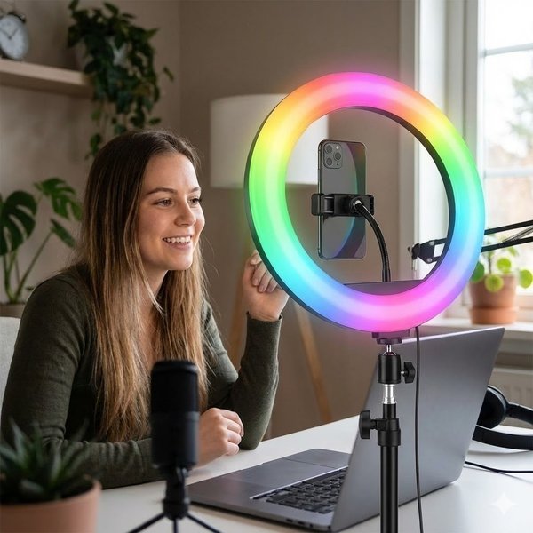 Tripode 2.1m con Aro de Luz RGB 10" USB para Streaming