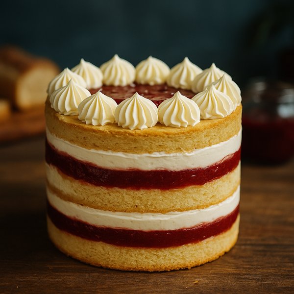 Pastel/torta Keto Chantilly con mermelada de frutilla