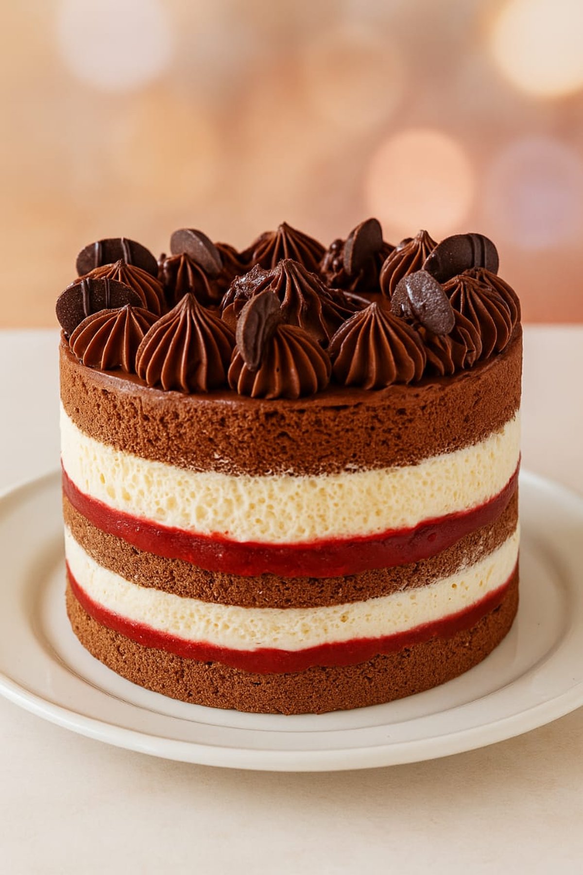 Pastel/torta Keto Chantilly con mermelada de frutilla y Mousse de chocolate 