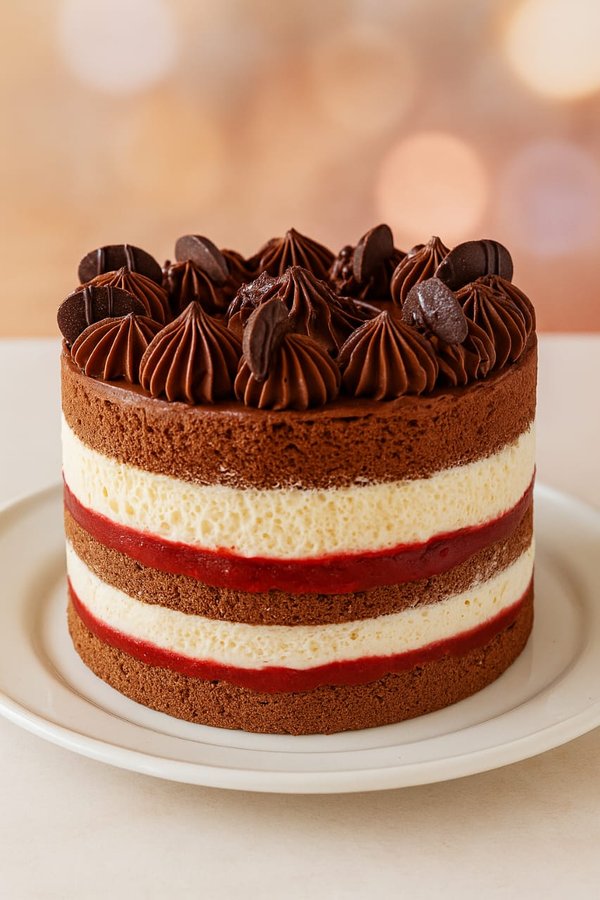 Pastel/torta Keto Chantilly con mermelada de frutilla y Mousse de chocolate