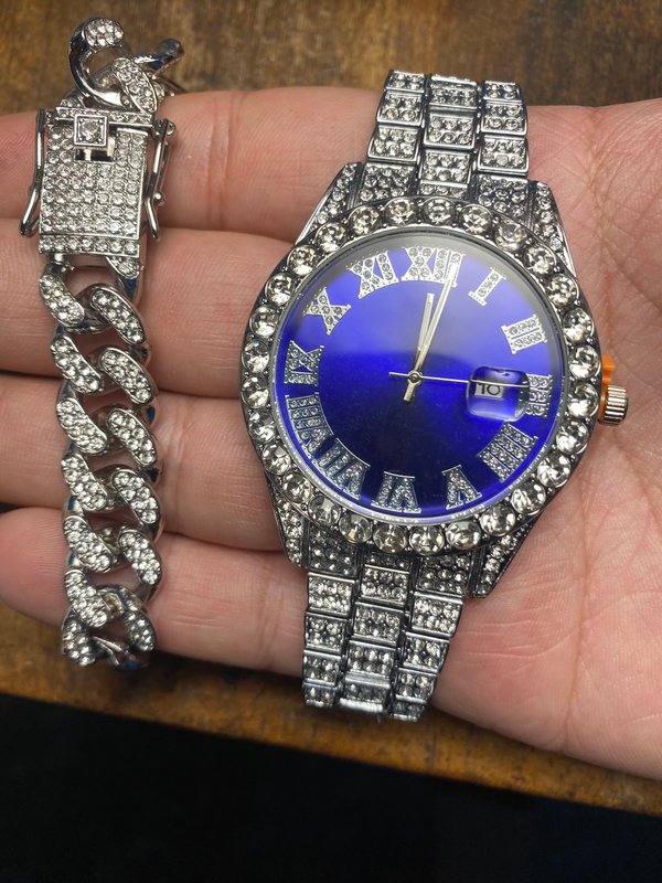 Combo Reloj Azul + Pulsera Miami Bling 💎✨