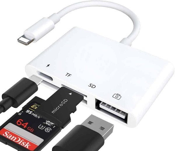 Adaptador Lightning a USB OTG + Lector Micro SD/SD + Carga – 4 en 1