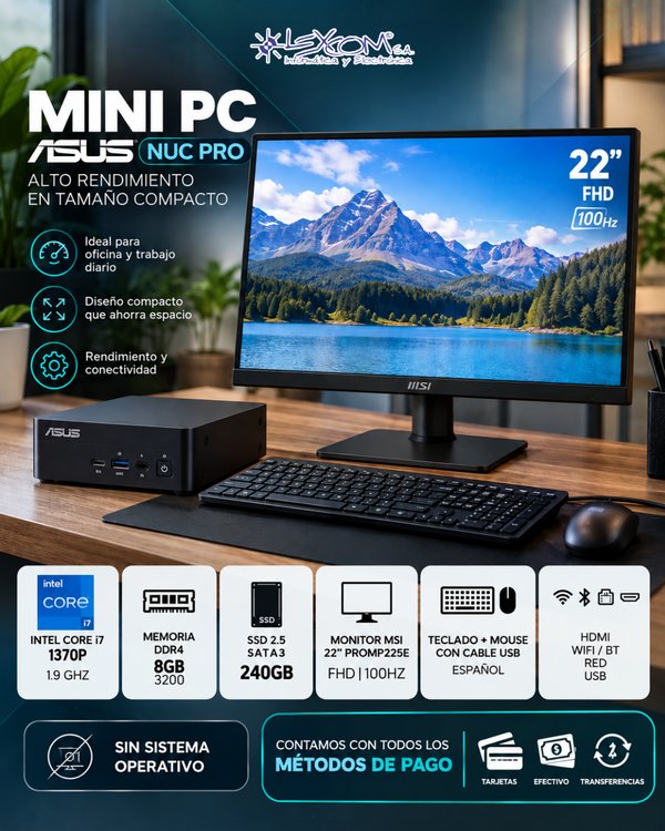 Mini PC ASUS NUC Pro Intel Core i7-1370P / 8GB RAM / SSD 240GB / Monitor MSI 22"