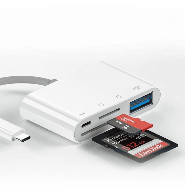 Adaptador USB-C 4 en 1 – USB 3.0 OTG + Lector SD/TF + Carga USB-C
