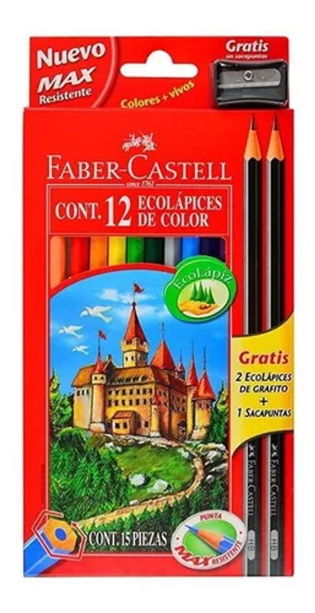 Lápices de Colores Faber-Castell (12 colores) + 2 lápices negros + sacapuntas