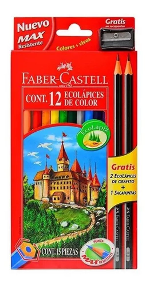 Lápices de Colores Faber-Castell (12 colores) + 2 lápices negros + sacapuntas
