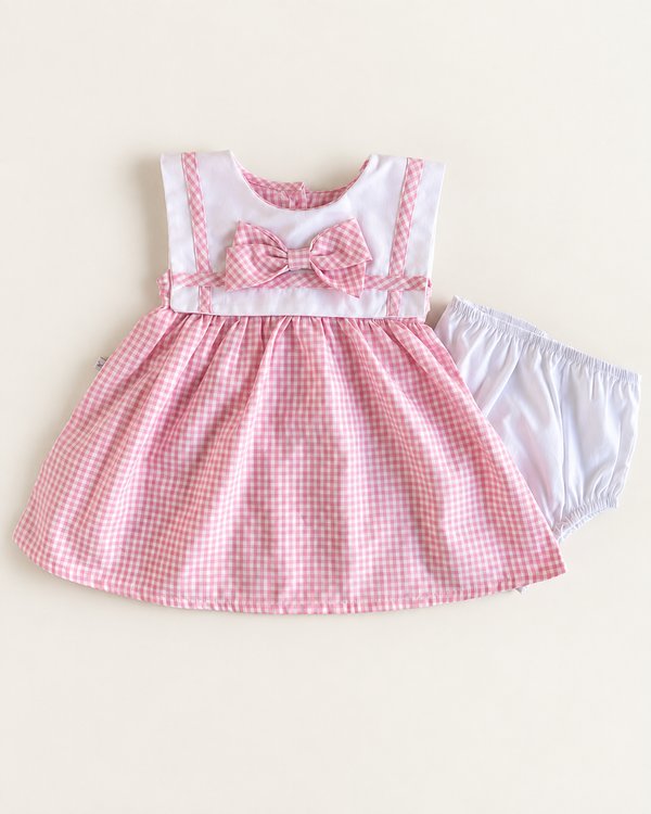 VESTIDO C/ MOÑO + BOMBACHA PALOMA - Rosa cuadros