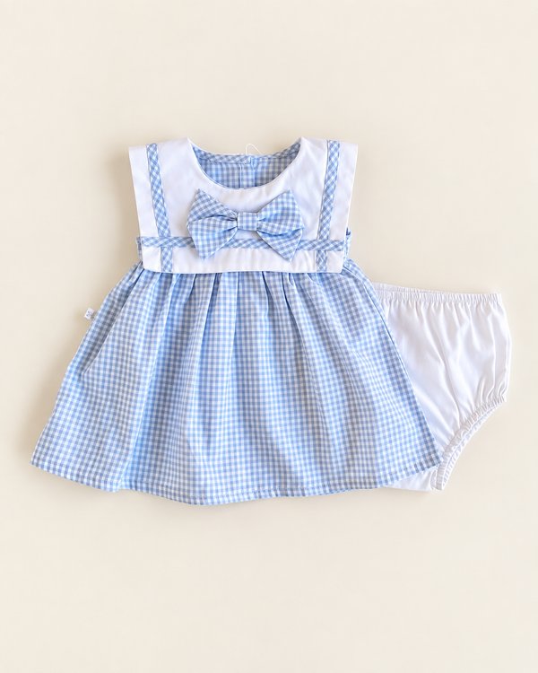 VESTIDO C/ MOÑO + BOMBACHA PALOMA - Celeste cuadros
