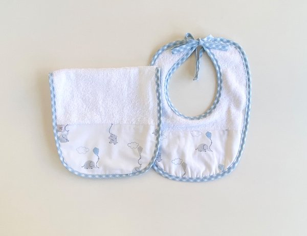 Set Babero+Babita ROTERDAM 1190 -  blanco c/ elefantes celeste 