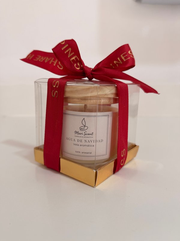 VELA AROMATICA EN FRASCO TRANSPARENTE CON TAPA DE MADERA