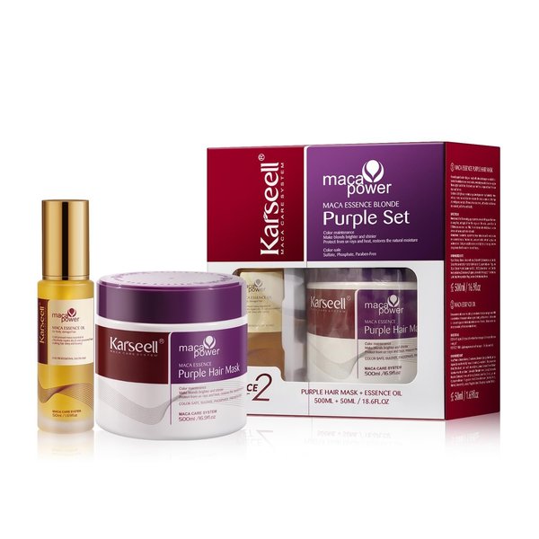 Mascarilla capilar morada Karseell con aceite de argán para cabello rubio, plateado y gris.
