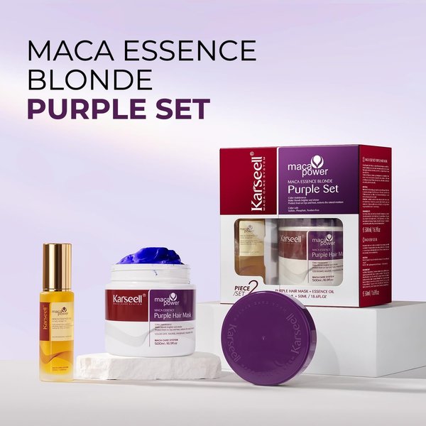 Mascarilla capilar morada Karseell con aceite de argán para cabello rubio, plateado y gris.