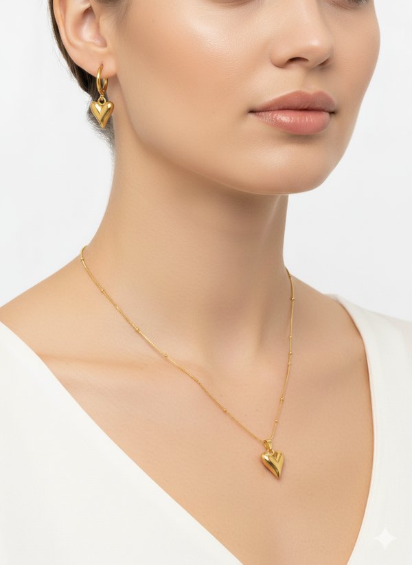 Set Collar + Aros Corazón 3D en Acero