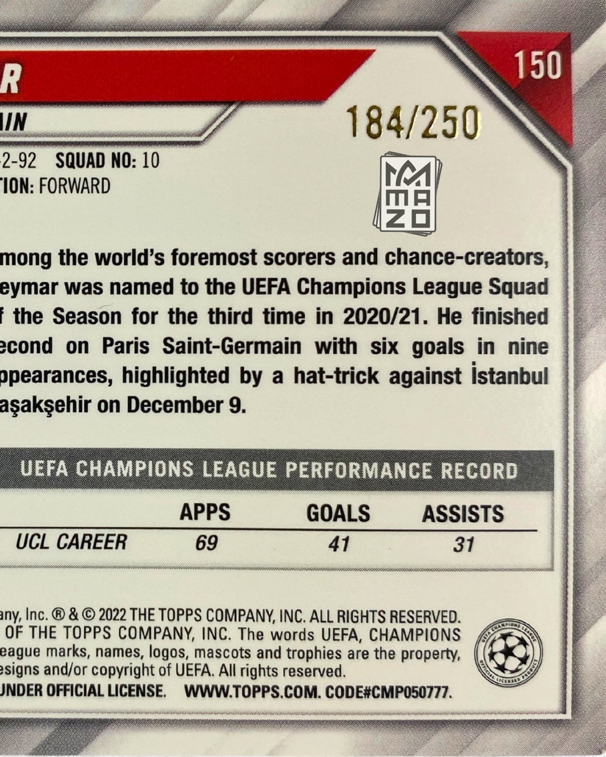 Subasta - Neymar Jr. PSG - Numerada 184/250 - 3