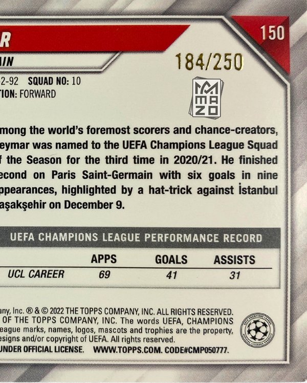 Subasta - Neymar Jr. PSG - Numerada 184/250