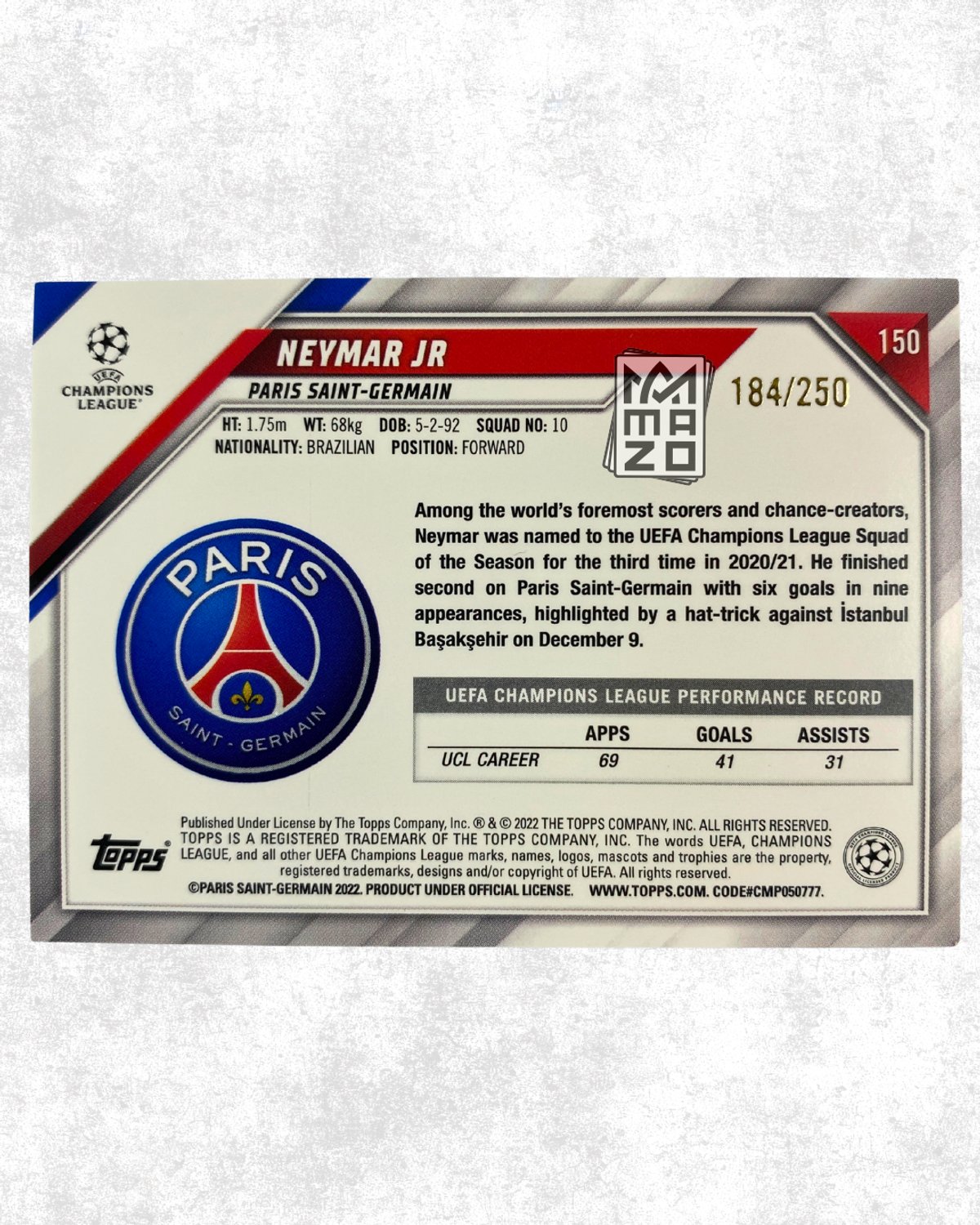 Subasta - Neymar Jr. PSG - Numerada 184/250 - 2