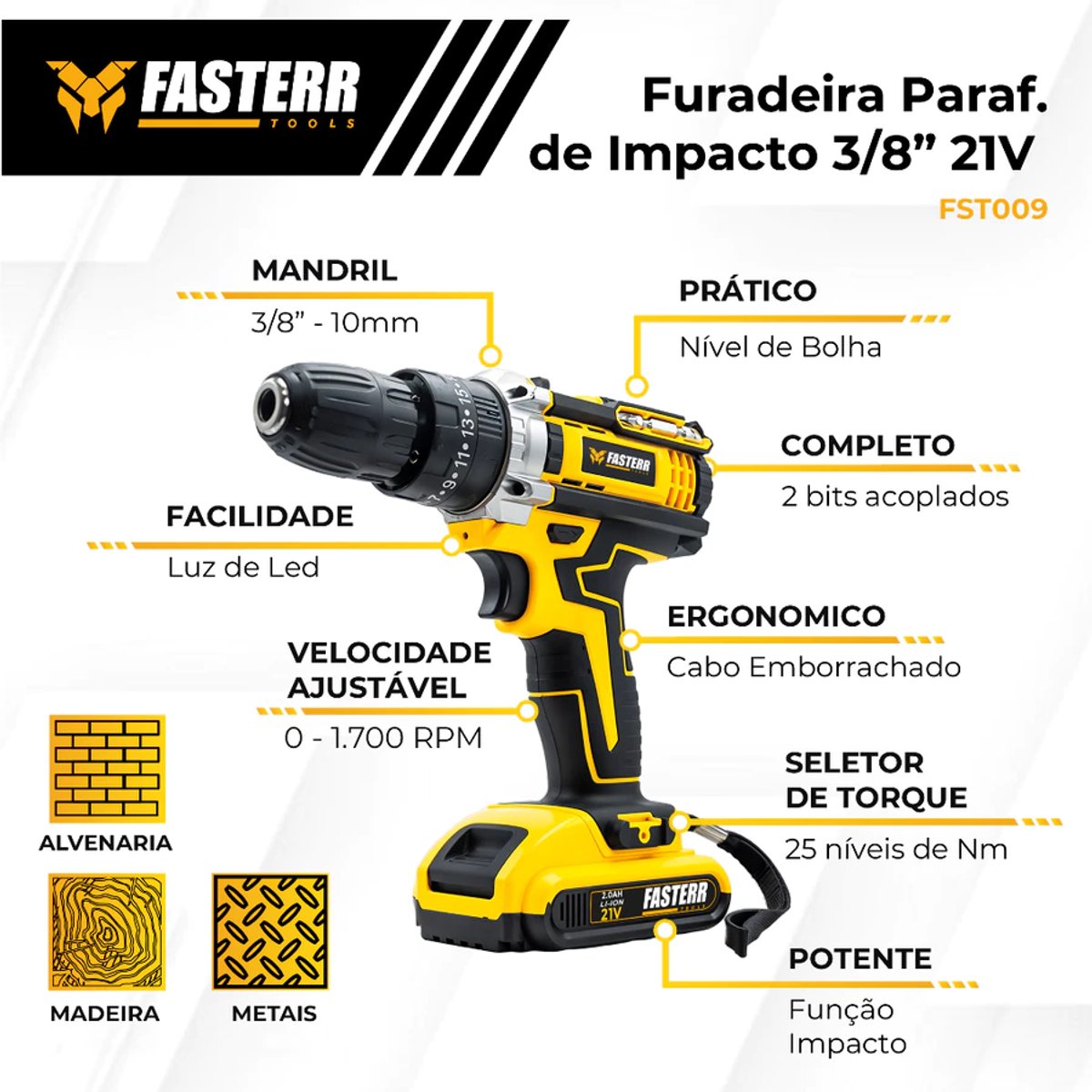 Furadeira Parafusadeira De Impacto 3/8 21V Com 2 Baterias + 29 Acessórios e Maleta FST009 -Fasterr - 3