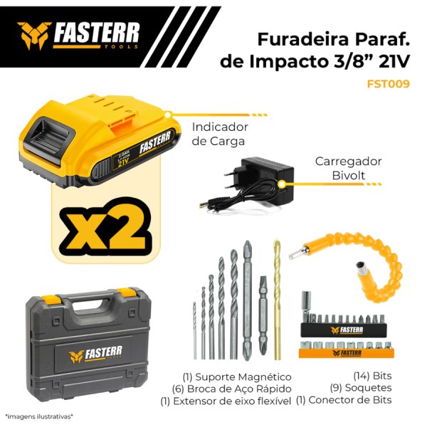 Furadeira Parafusadeira De Impacto 3/8 21V Com 2 Baterias + 29 Acessórios e Maleta FST009 -Fasterr