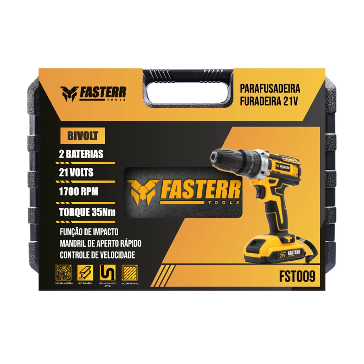 Furadeira Parafusadeira De Impacto 3/8 21V Com 2 Baterias + 29 Acessórios e Maleta FST009 -Fasterr - 7