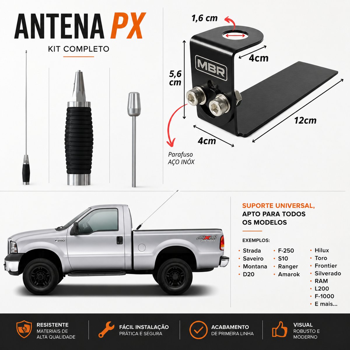 Kit Antena PX para Caminhonete – 1,35 m com Suporte Universal - 2