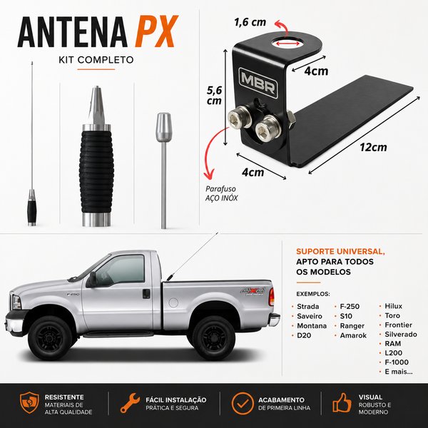 Kit Antena PX para Caminhonete – 1,35 m com Suporte Universal