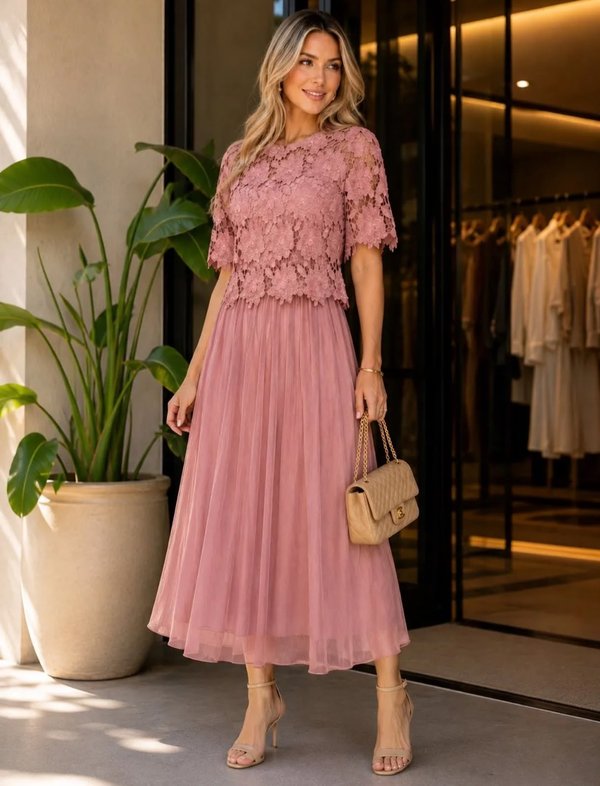 Conjunto de Blusa de Encaje con Falda de Viscosa
