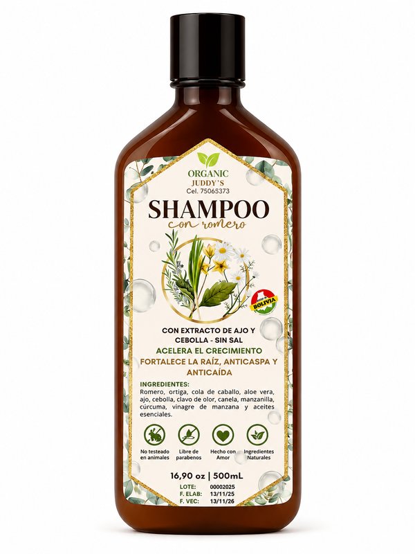 Organic Juddy's – Shampoo con Romero (con extracto de ajo y cebolla - Sin sal)