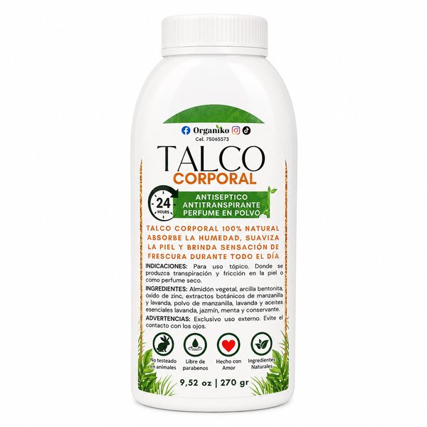 Organiko – Talco Corporal (Antiséptico, Antitranspirante, Perfume en Polvo)